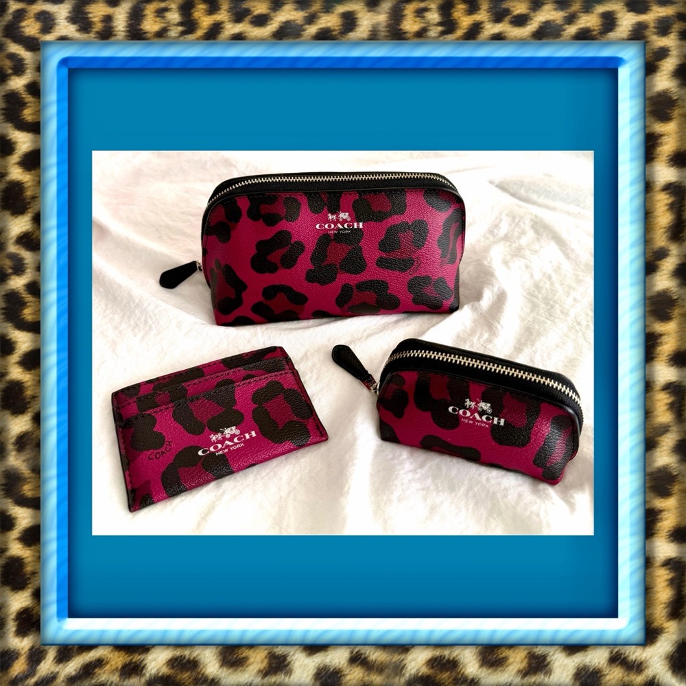 👑✅PRICE FIRM✅ Coach Leather Fuchsia Leopard Print Accessory RARE Trio🔥🔥🔥 - Picture 1 of 16